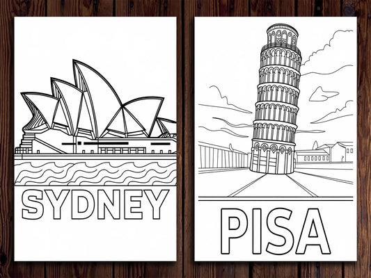 World Landmarks Coloring Pages: 20 Travel Destination Designs (Digital Download