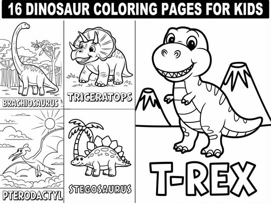 Dinosaur Coloring Pages: 16 Fun Printable Designs for Kids (Digital Download)