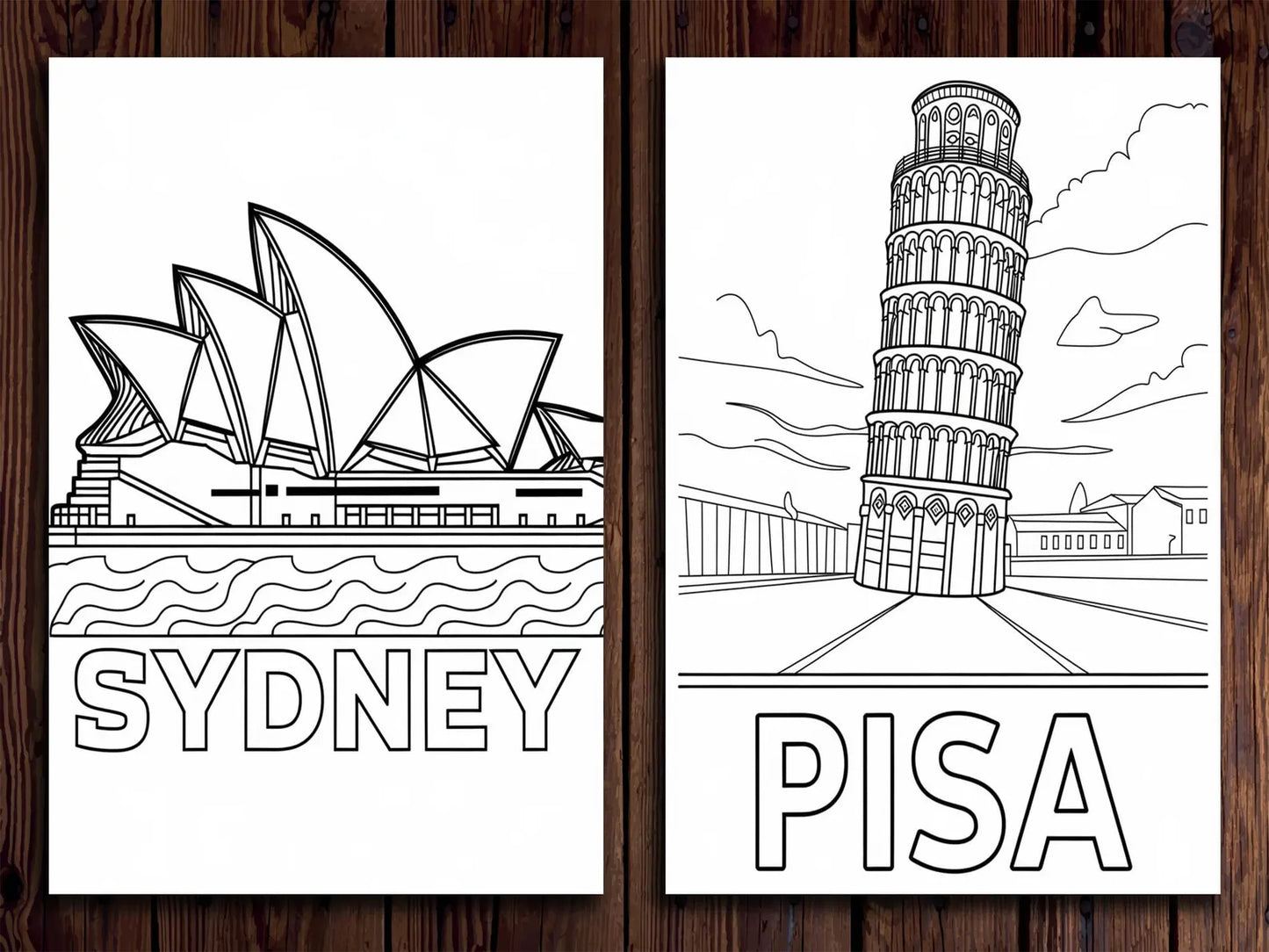 World Landmarks Coloring Pages: 20 Travel Destination Designs (Digital Download