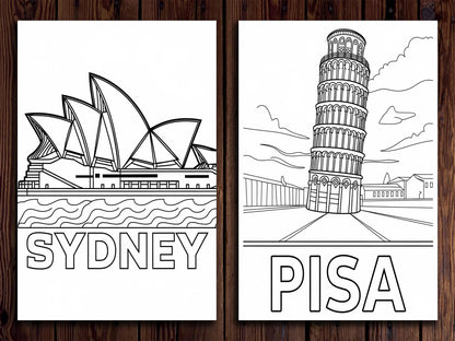 World Landmarks Coloring Pages: 20 Travel Destination Designs (Digital Download