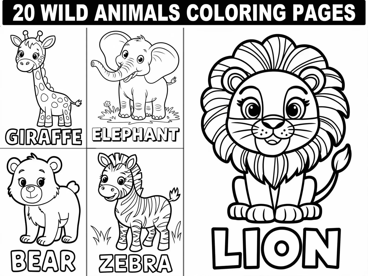 Wild Animals Coloring Pages: 20 Fun Safari, Jungle & Forest Designs (Digital Download)