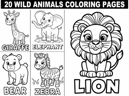 Wild Animals Coloring Pages: 20 Fun Safari, Jungle & Forest Designs (Digital Download)
