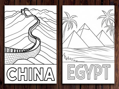 World Landmarks Coloring Pages: 20 Travel Destination Designs (Digital Download