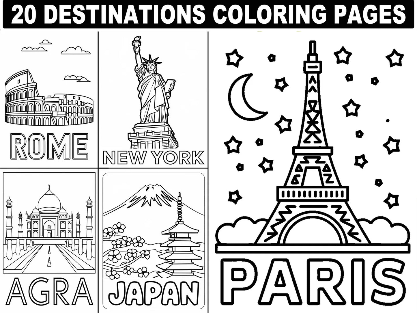 World Landmarks Coloring Pages: 20 Travel Destination Designs (Digital Download
