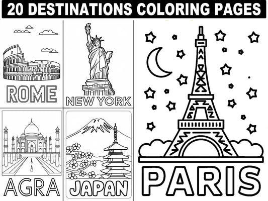 World Landmarks Coloring Pages: 20 Travel Destination Designs (Digital Download