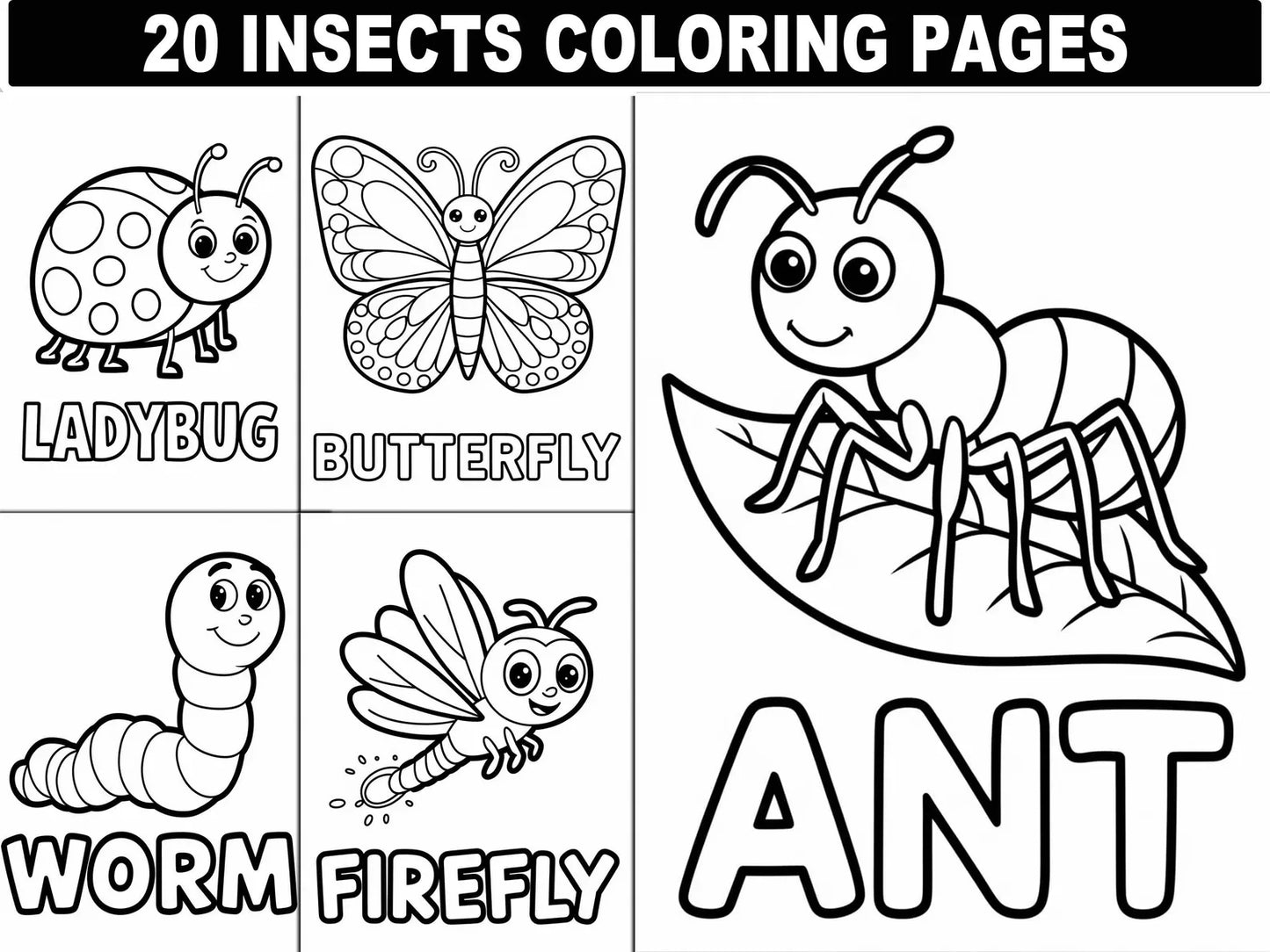 Insect Coloring Pages: 20 Fun Bug Designs for Kids (Digital Download)