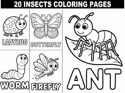 Insect Coloring Pages: 20 Fun Bug Designs for Kids (Digital Download)